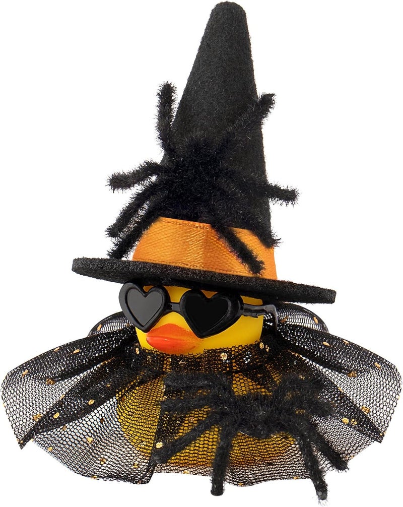 wonuu Car Dashboard Spider Witch Rubber Ducks for Halloween, Decorations Duck for Office Desk Ornament Accessories with Hat Glasses Skirt, for Halloween Party Gifts (Gold Point Skirt Orange) - Image 1
